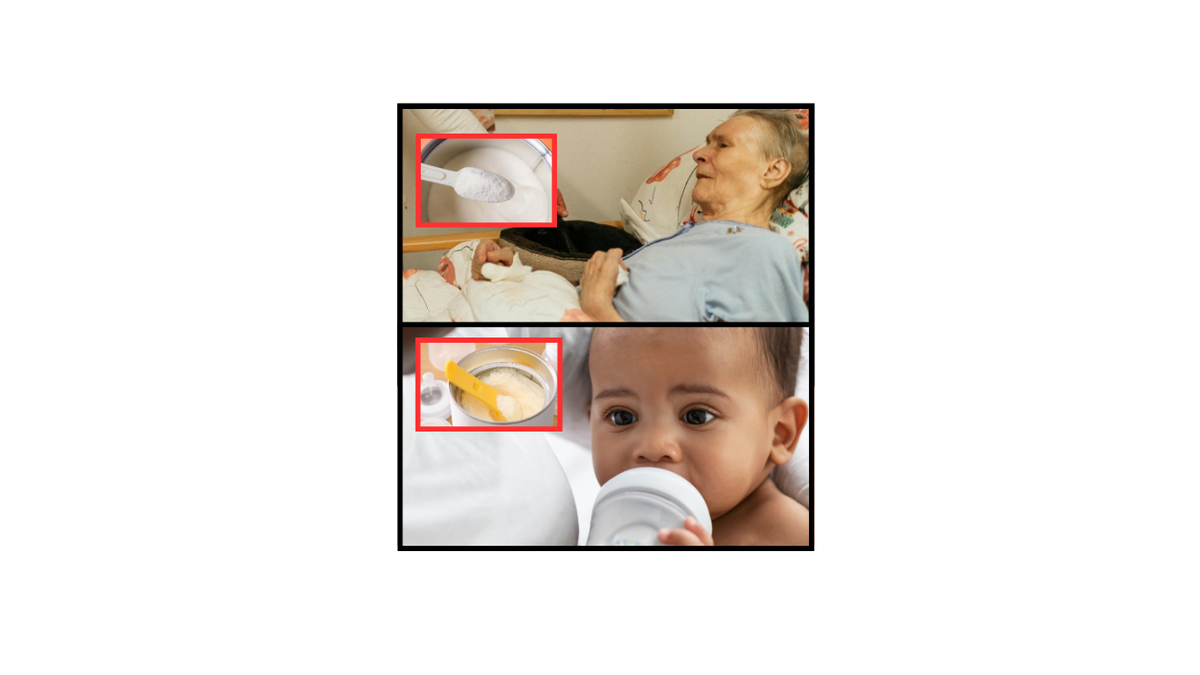 Older person with aged care formula and baby with baby formula