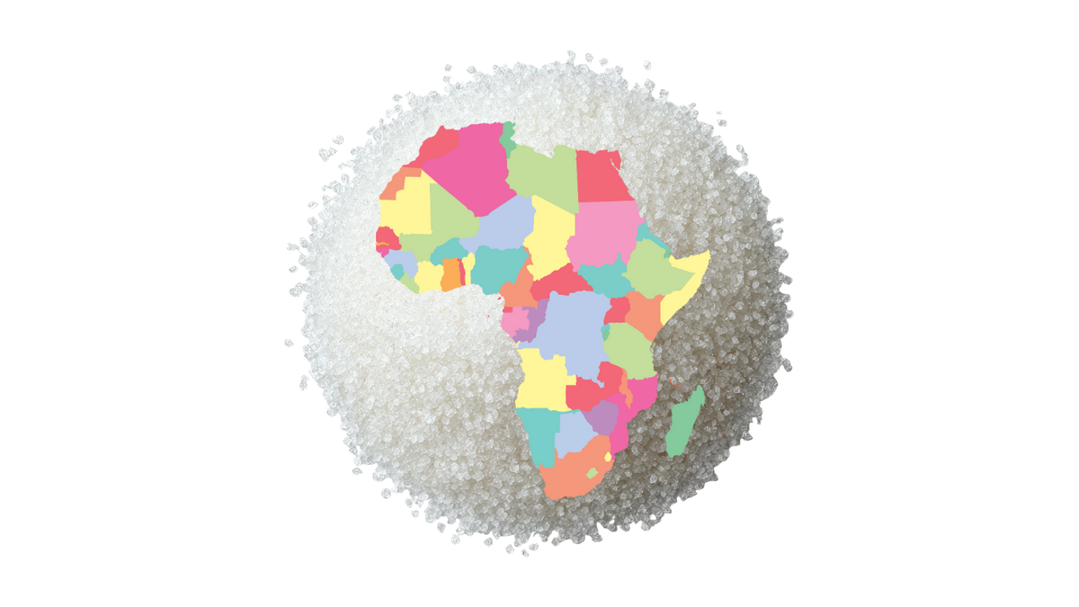 A circle of white sugar with the map of Africa on top of it.