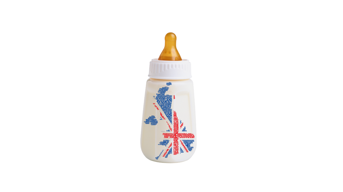 Image of a baby bottle with the British flag on it