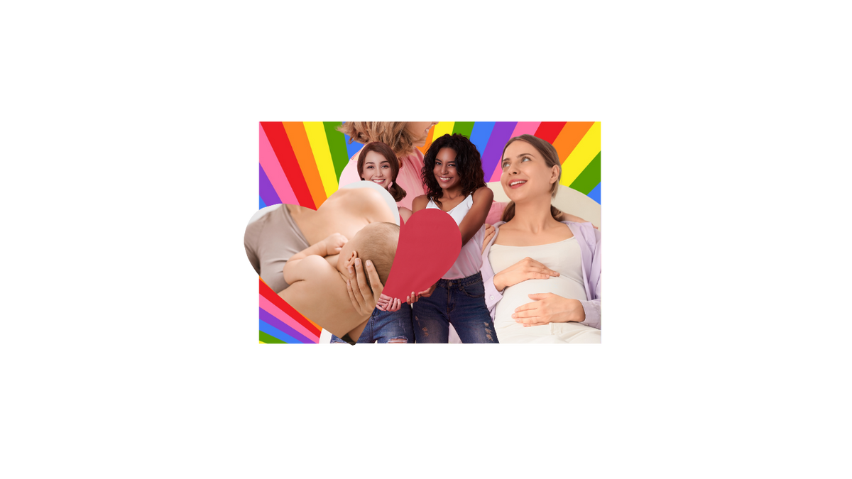 Women looking happy in front of the LGBTQI + rainbow flag